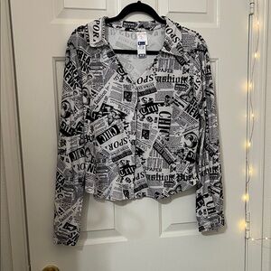 Buttery Soft Stretch Newspaper Print Button Blouse